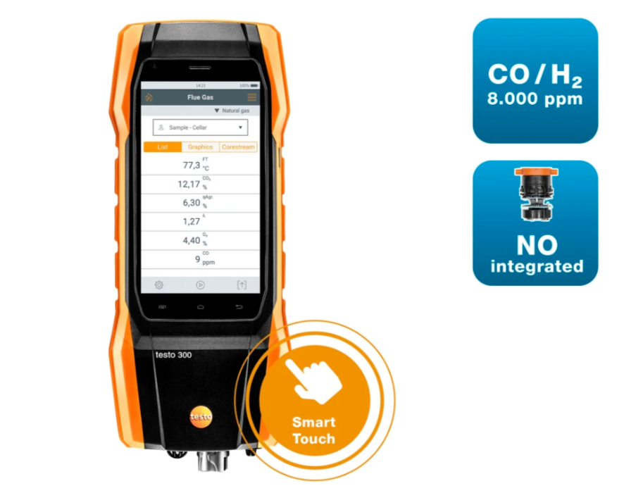 TESTO Longlife-Flue Gas Analyzer (O2, CO H2-compensated up to 8,000 ppm, NO) | TESTO 300
